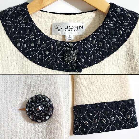 ST JOHN Evening Womens Beaded Santana Knit Jacket Size 2 Buttons Cream & Black - Picture 4 of 14